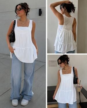 Converse Y2k Oversize Women's White Cut Out Crocheted Tank Top XL Cotton Modal